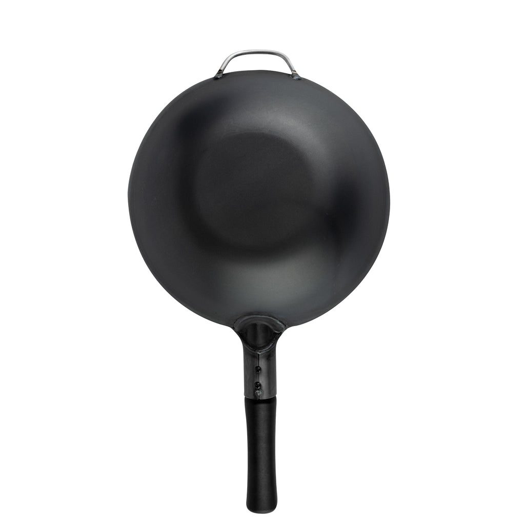 Motomori 12" Black Carbon Steel Flat Bottom Wok / Stir Fry Pan - Pre-seasoned, with Wooden Handle - 1 count box