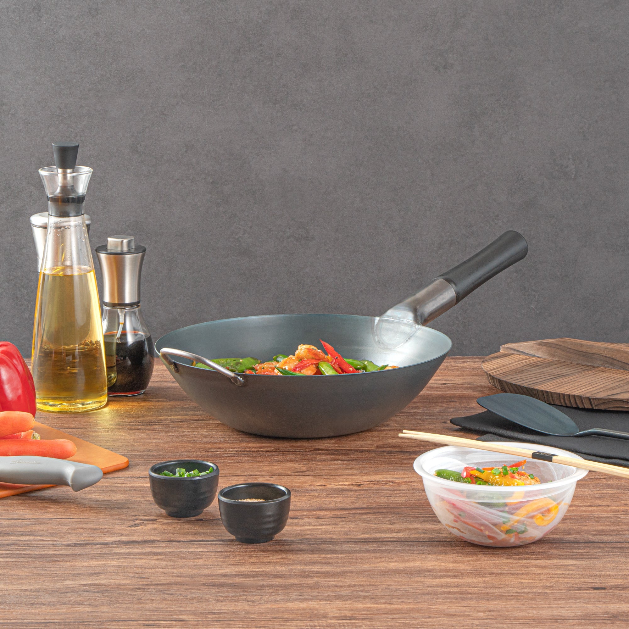 Motomori 12" Black Carbon Steel Flat Bottom Wok / Stir Fry Pan - Pre-seasoned, with Wooden Handle - 1 count box
