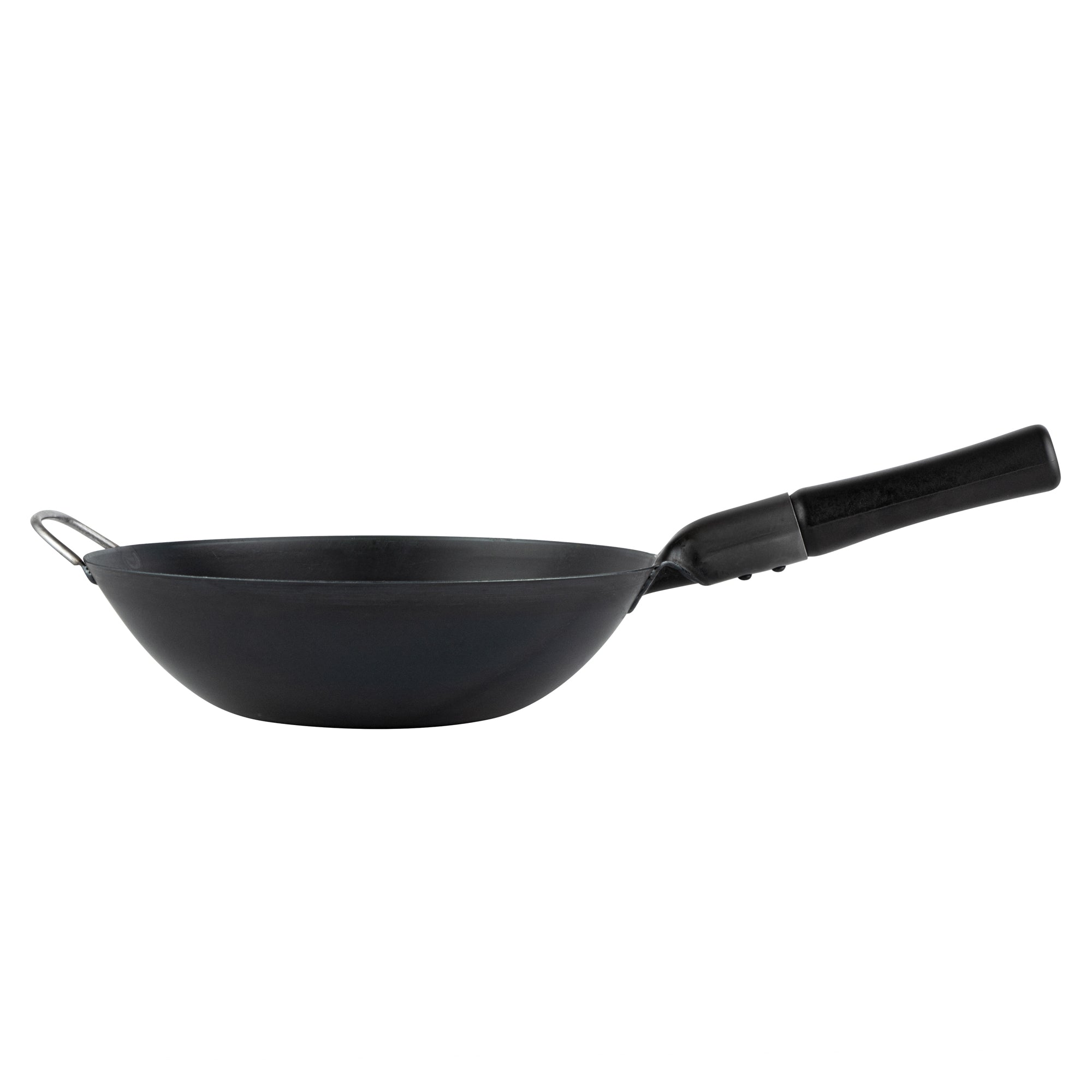 Motomori 12" Black Carbon Steel Flat Bottom Wok / Stir Fry Pan - Pre-seasoned, with Wooden Handle - 10 count box