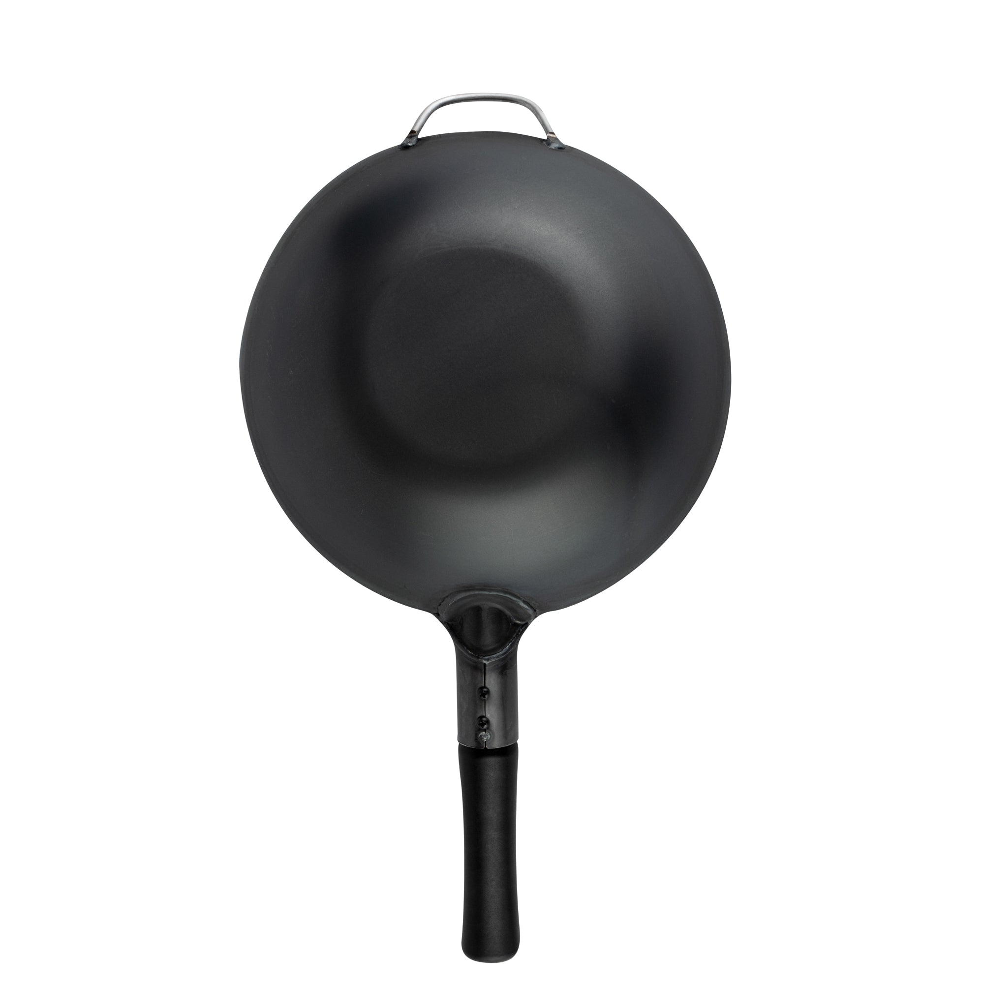 Motomori 12" Black Carbon Steel Flat Bottom Wok / Stir Fry Pan - Pre-seasoned, with Wooden Handle - 10 count box