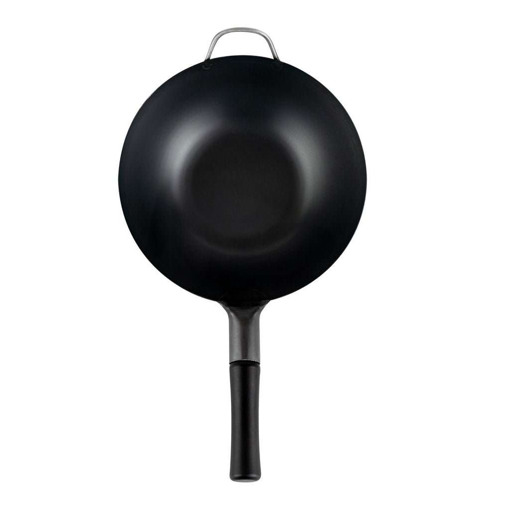 Motomori 12" Black Carbon Steel Flat Bottom Wok / Stir Fry Pan - Pre-seasoned, with Wooden Handle - 10 count box