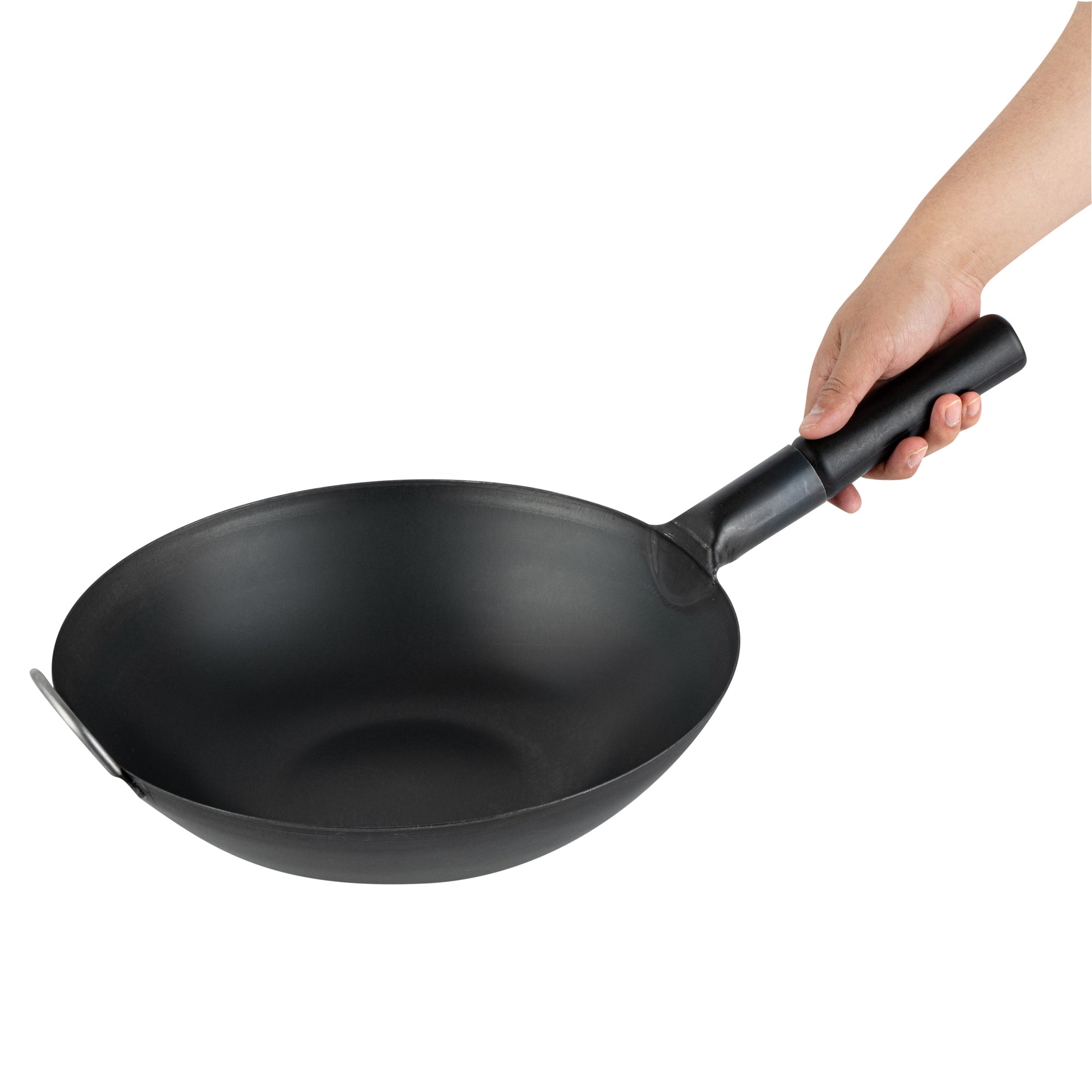 Motomori 14" Black Carbon Steel Flat Bottom Wok / Stir Fry Pan - Pre-seasoned, with Wooden Handle - 1 count box