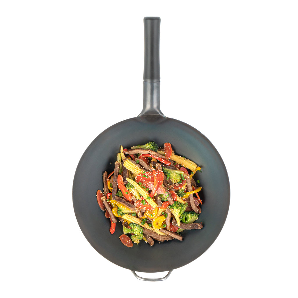 Motomori 14" Black Carbon Steel Flat Bottom Wok / Stir Fry Pan - Pre-seasoned, with Wooden Handle - 1 count box