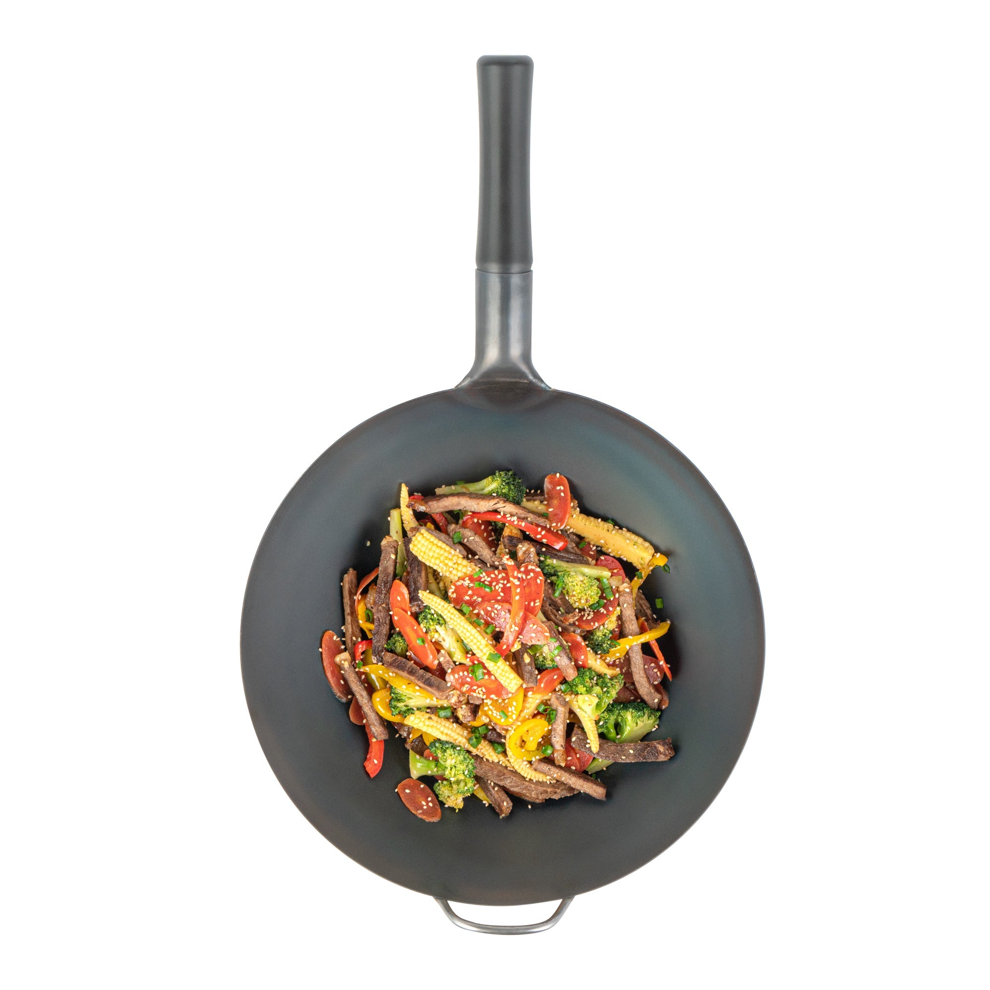 Motomori 14" Black Carbon Steel Flat Bottom Wok / Stir Fry Pan - Pre-seasoned, with Wooden Handle - 1 count box