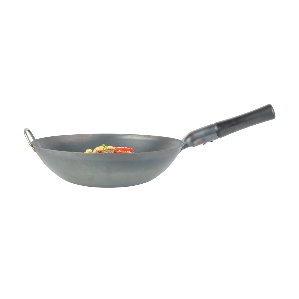 Motomori 14" Black Carbon Steel Flat Bottom Wok / Stir Fry Pan - Pre-seasoned, with Wooden Handle - 1 count box