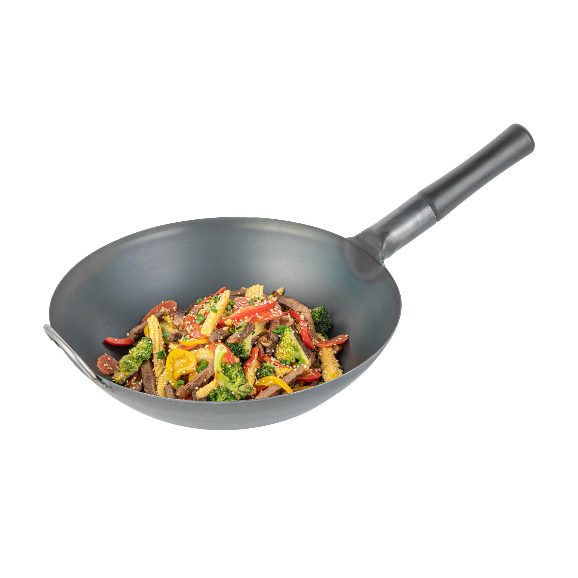 Motomori 14" Black Carbon Steel Flat Bottom Wok / Stir Fry Pan - Pre-seasoned, with Wooden Handle - 1 count box