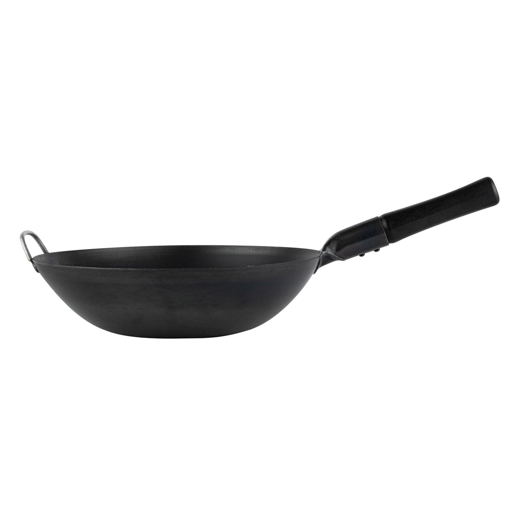 Motomori 14" Black Carbon Steel Flat Bottom Wok / Stir Fry Pan - Pre-seasoned, with Wooden Handle - 1 count box