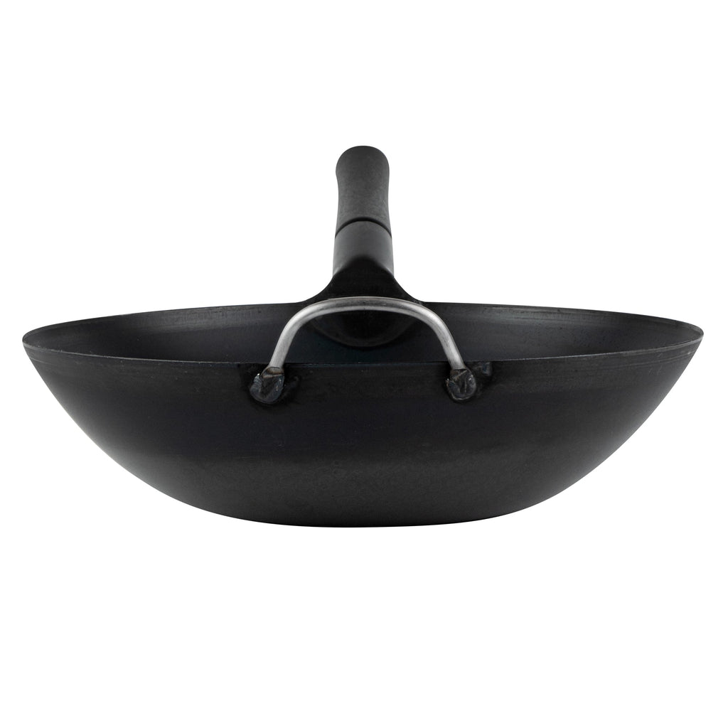 Motomori 14" Black Carbon Steel Flat Bottom Wok / Stir Fry Pan - Pre-seasoned, with Wooden Handle - 1 count box