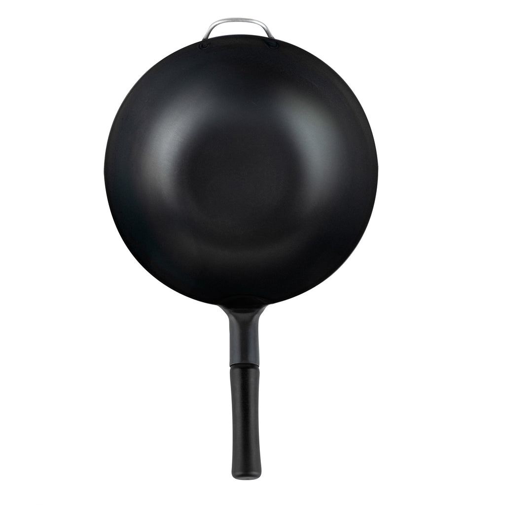 Motomori 14" Black Carbon Steel Flat Bottom Wok / Stir Fry Pan - Pre-seasoned, with Wooden Handle - 1 count box