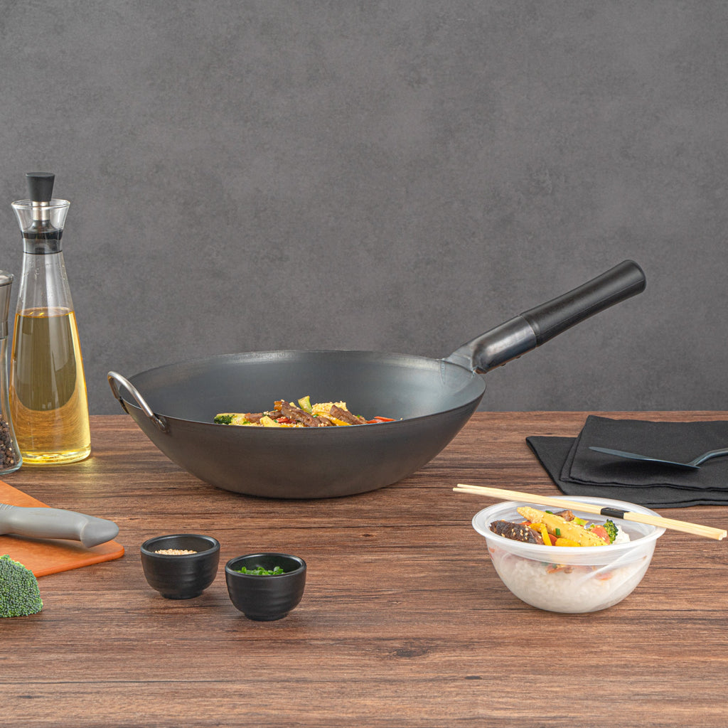 Motomori 14" Black Carbon Steel Flat Bottom Wok / Stir Fry Pan - Pre-seasoned, with Wooden Handle - 1 count box