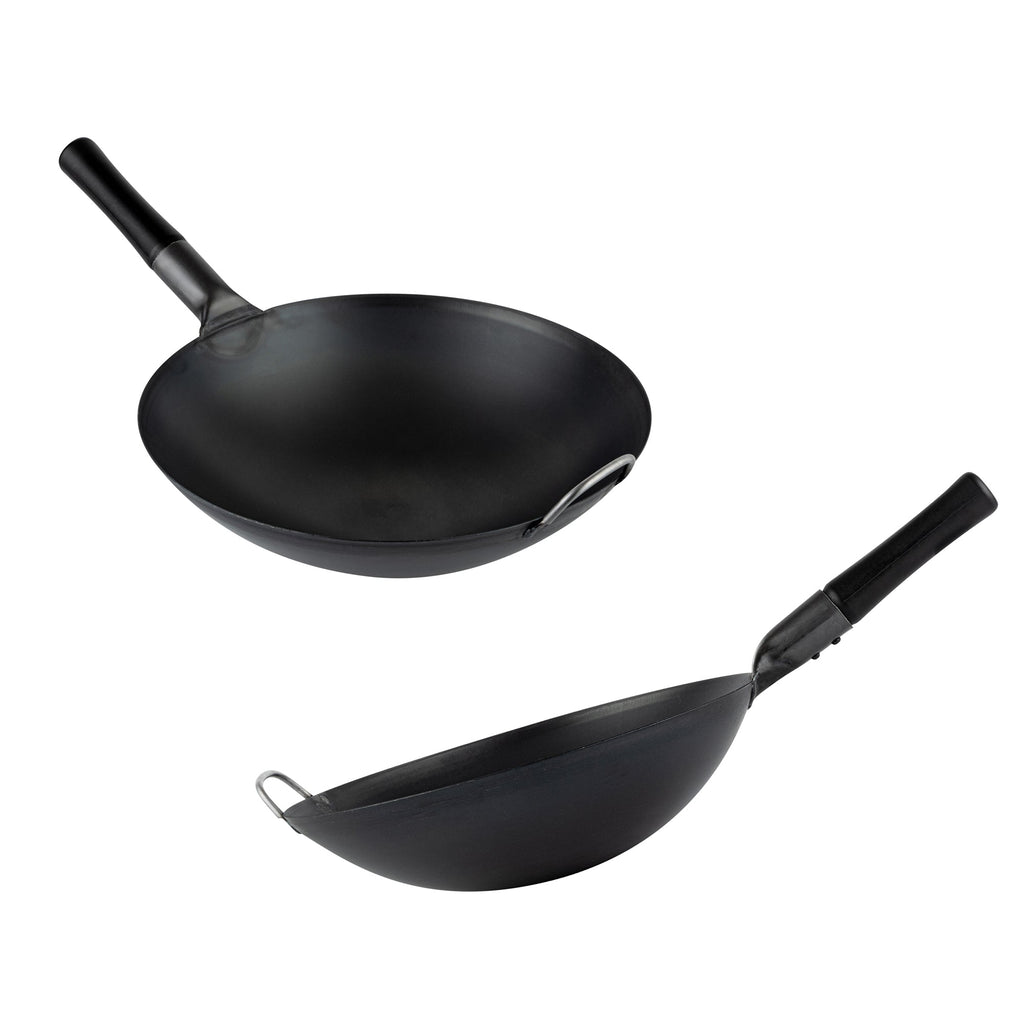 Motomori 14" Black Carbon Steel Round Bottom Wok / Stir Fry Pan - Pre-seasoned, with Wooden Handle - 1 count box