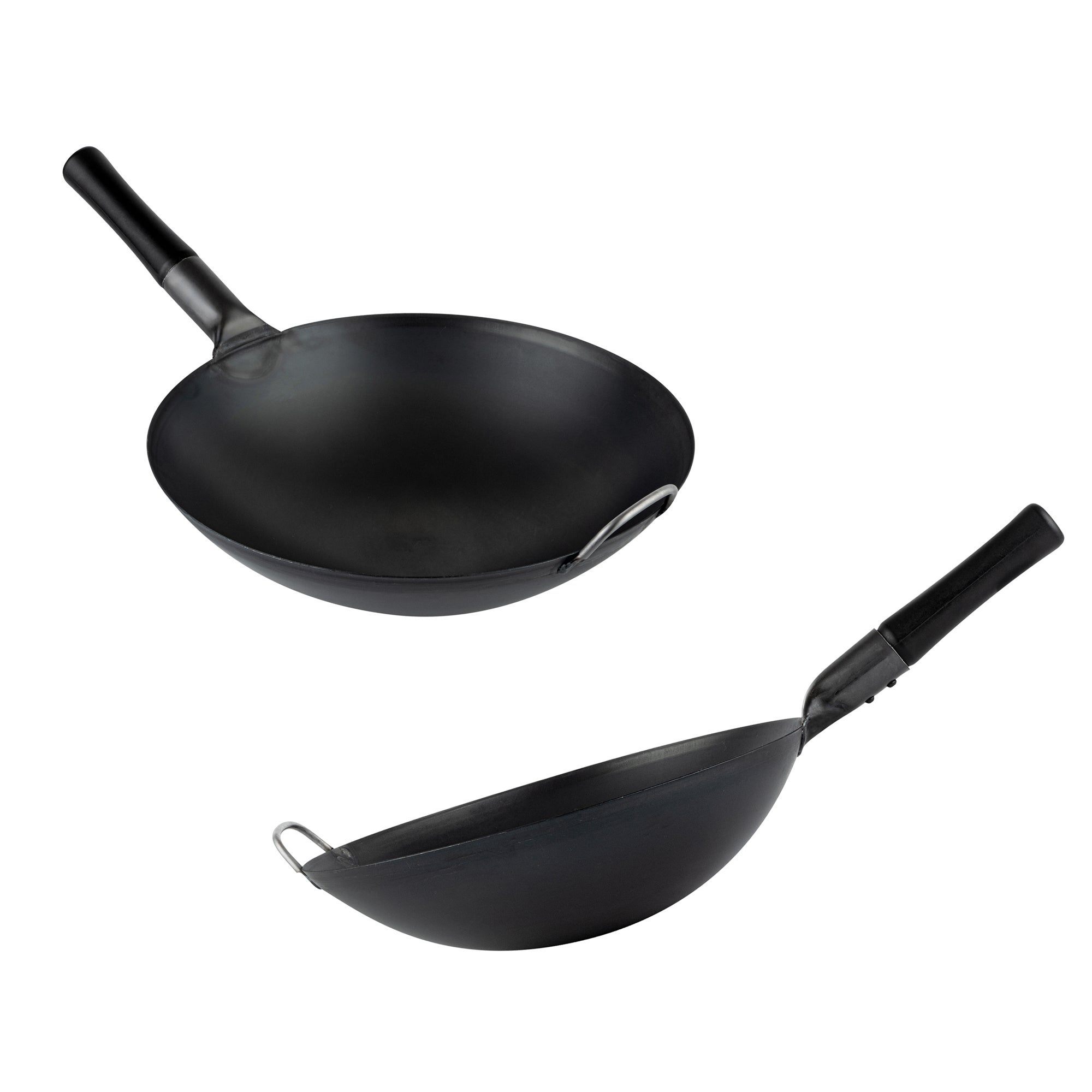 Motomori 14" Black Carbon Steel Round Bottom Wok / Stir Fry Pan - Pre-seasoned, with Wooden Handle - 1 count box
