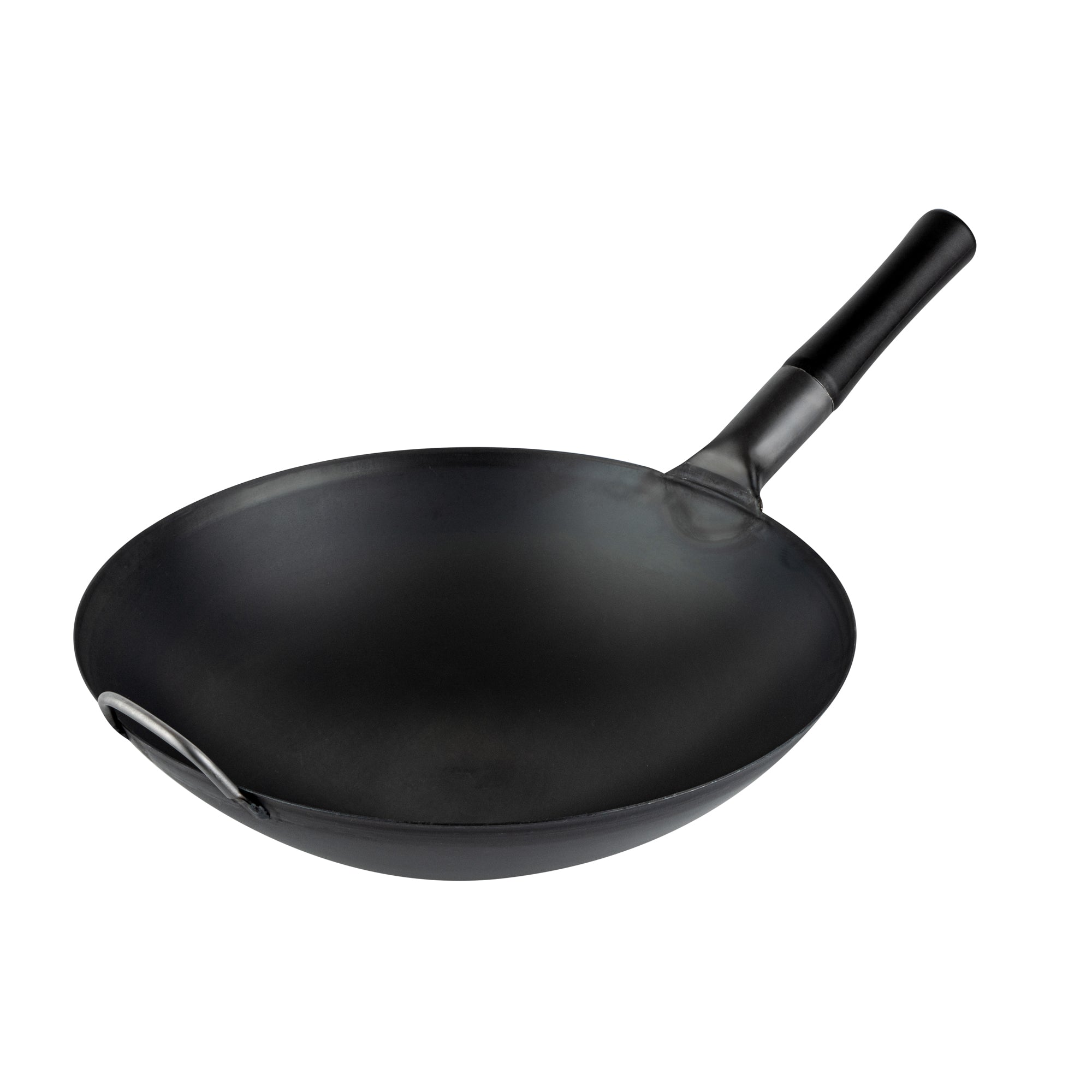Motomori 14" Black Carbon Steel Round Bottom Wok / Stir Fry Pan - Pre-seasoned, with Wooden Handle - 1 count box