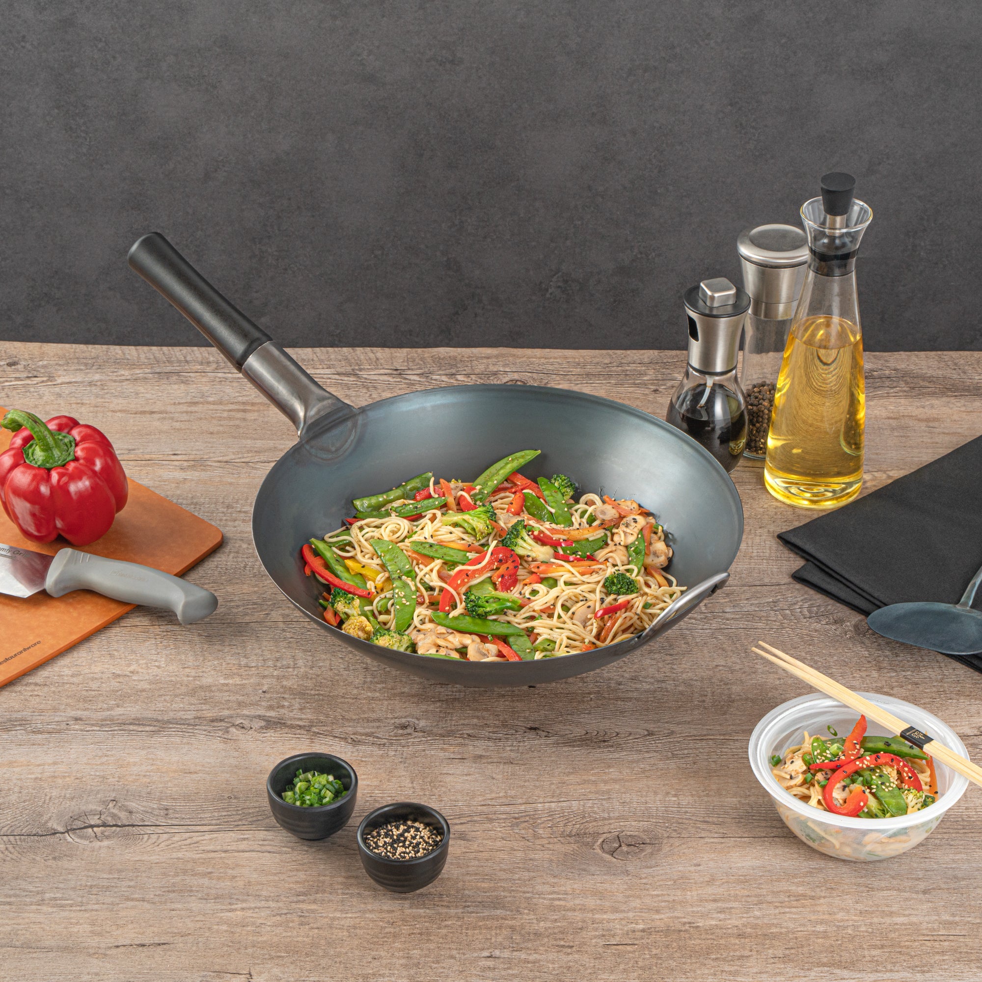 Motomori 14" Black Carbon Steel Round Bottom Wok / Stir Fry Pan - Pre-seasoned, with Wooden Handle - 1 count box
