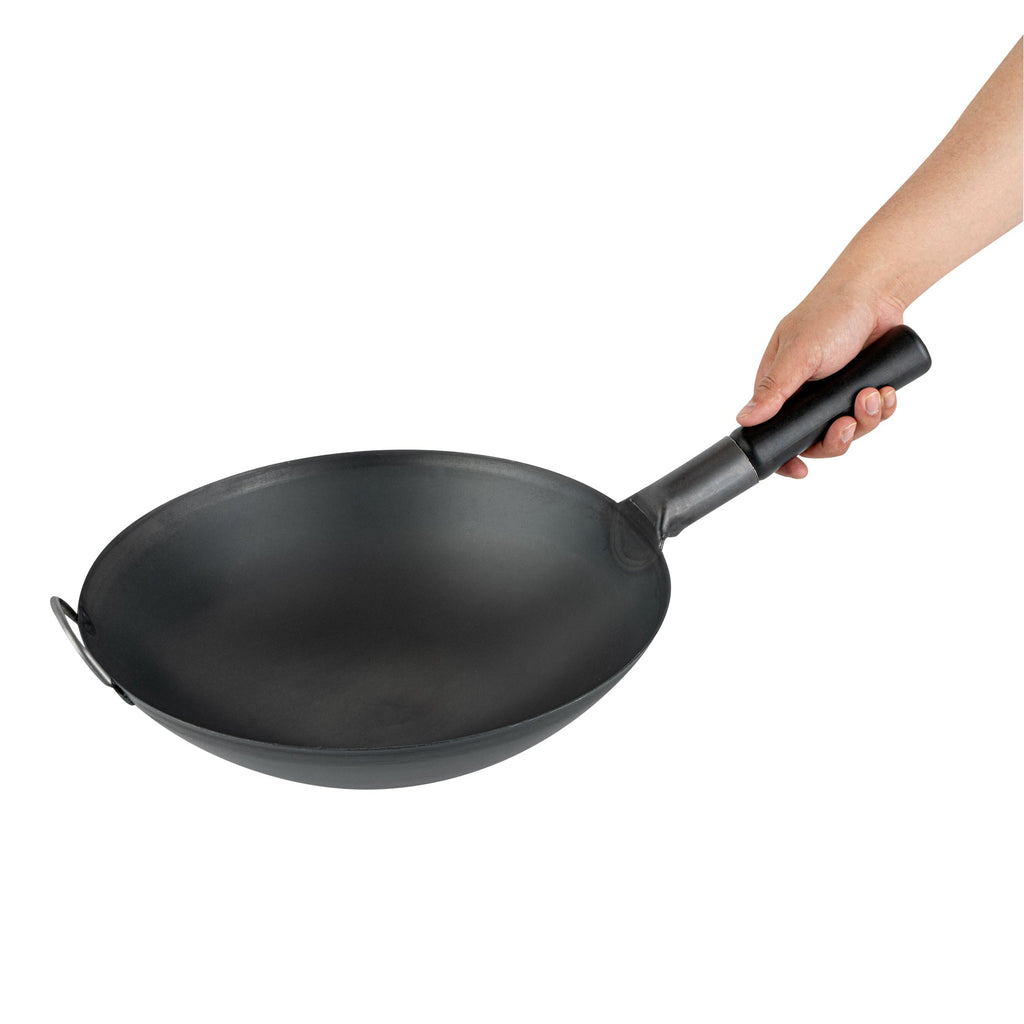 Motomori 14" Black Carbon Steel Round Bottom Wok / Stir Fry Pan - Pre-seasoned, with Wooden Handle - 1 count box