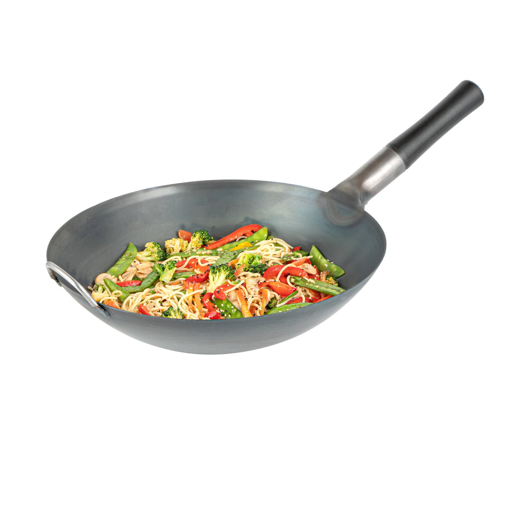 Motomori 14" Black Carbon Steel Round Bottom Wok / Stir Fry Pan - Pre-seasoned, with Wooden Handle - 1 count box