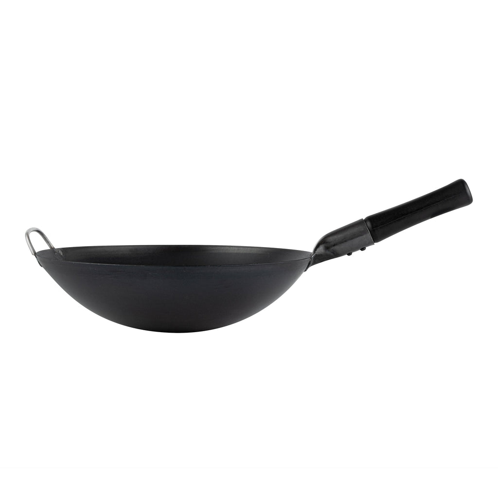 Motomori 14" Black Carbon Steel Round Bottom Wok / Stir Fry Pan - Pre-seasoned, with Wooden Handle - 1 count box