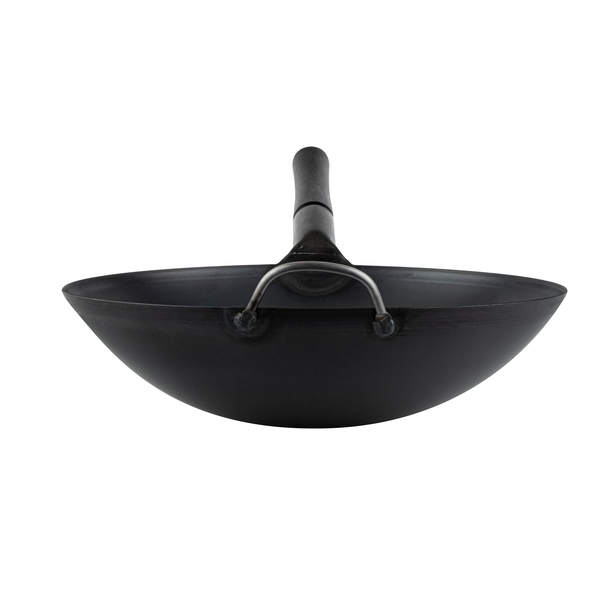 Motomori 14" Black Carbon Steel Round Bottom Wok / Stir Fry Pan - Pre-seasoned, with Wooden Handle - 1 count box
