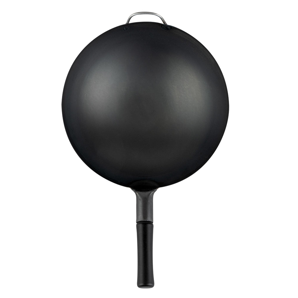 Motomori 14" Black Carbon Steel Round Bottom Wok / Stir Fry Pan - Pre-seasoned, with Wooden Handle - 1 count box