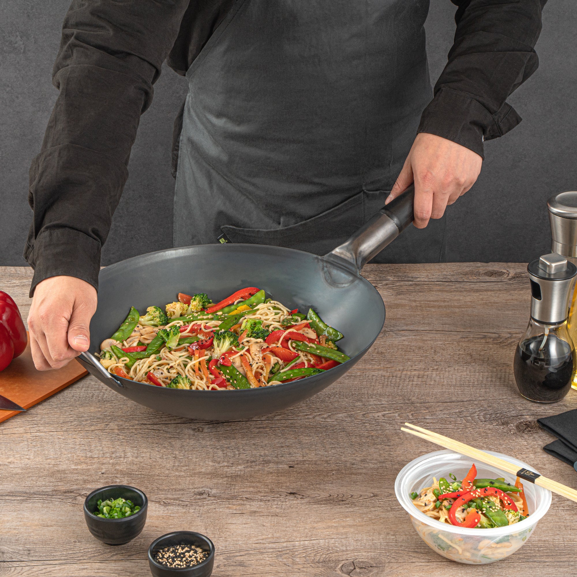 Motomori 14" Black Carbon Steel Round Bottom Wok / Stir Fry Pan - Pre-seasoned, with Wooden Handle - 1 count box