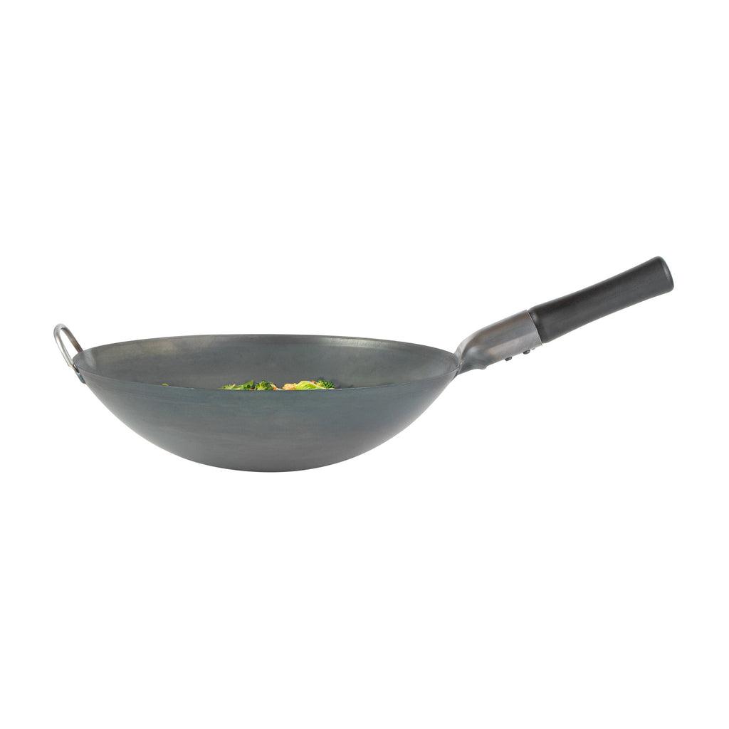 Motomori 14" Black Carbon Steel Round Bottom Wok / Stir Fry Pan - Pre-seasoned, with Wooden Handle - 10 count box
