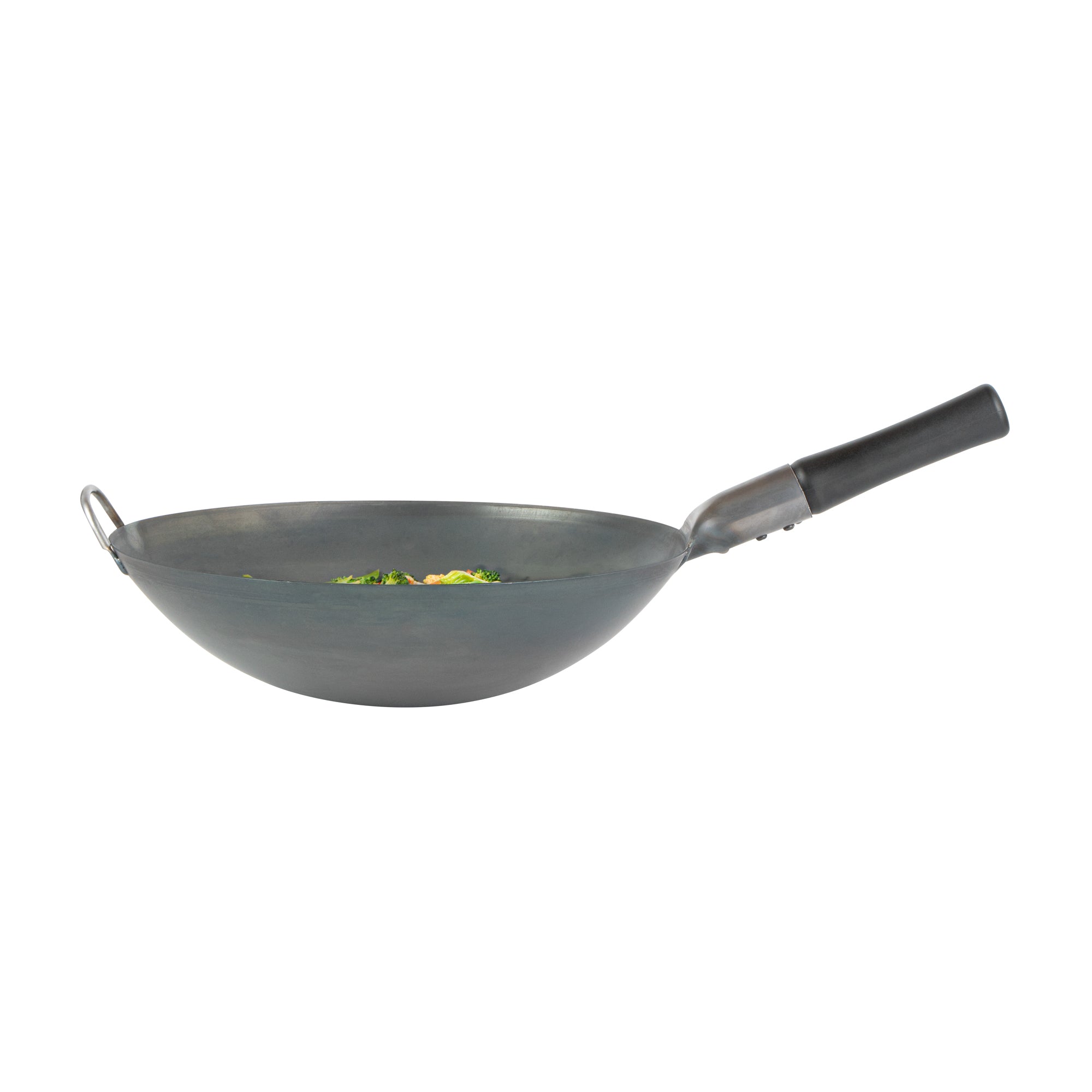 Motomori 14" Black Carbon Steel Round Bottom Wok / Stir Fry Pan - Pre-seasoned, with Wooden Handle - 10 count box