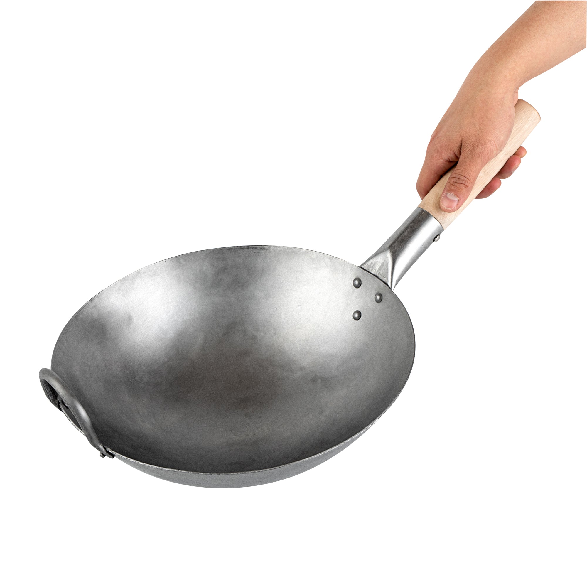 Motomori 12" Carbon Steel Round Bottom Wok / Stir Fry Pan - Hand Hammered, with Wooden Handle - 1 count box