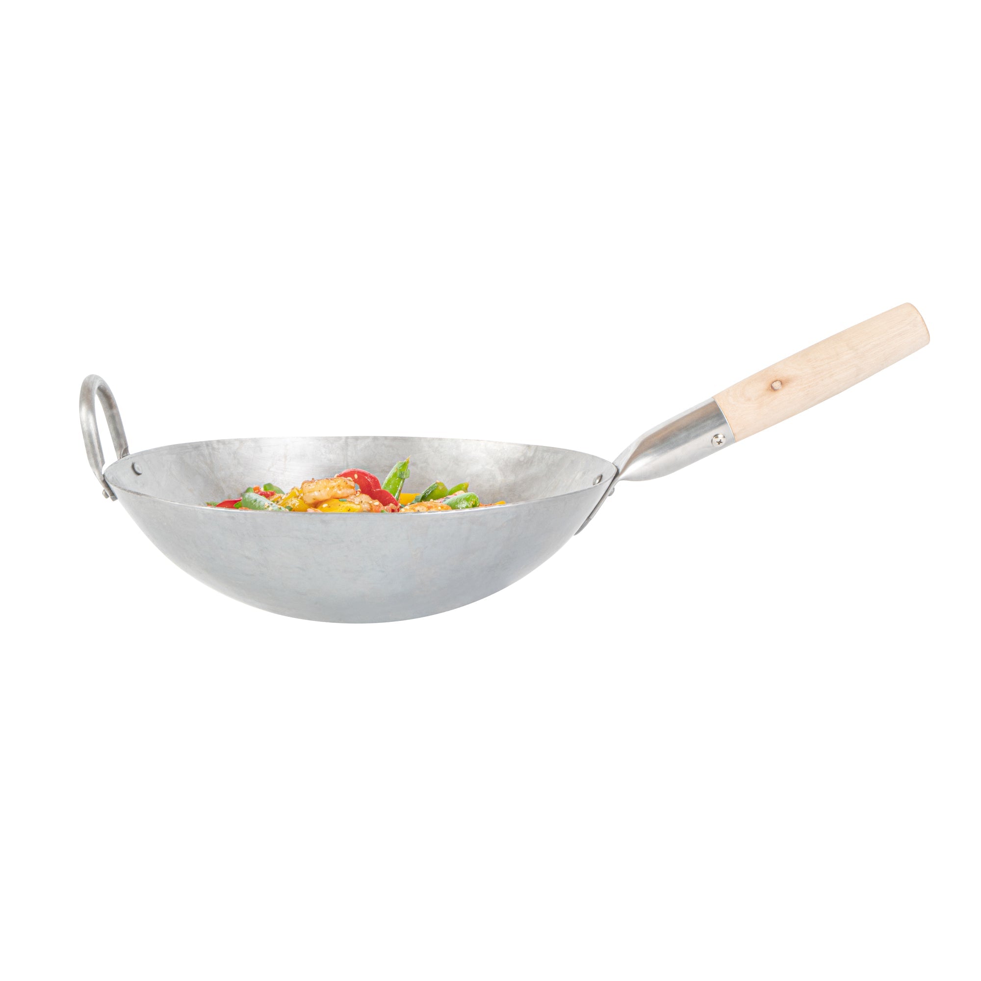 Motomori 12" Carbon Steel Round Bottom Wok / Stir Fry Pan - Hand Hammered, with Wooden Handle - 1 count box