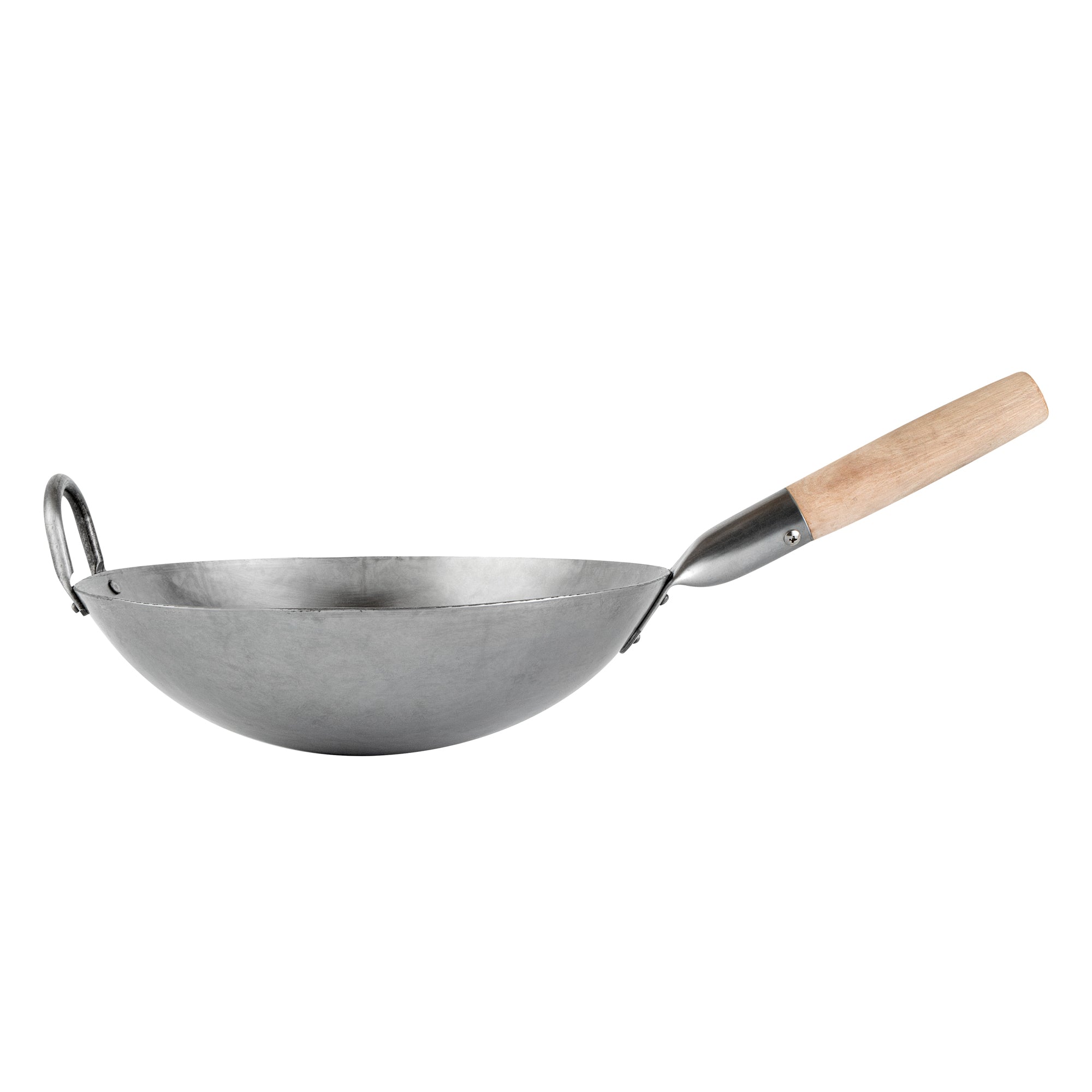 Motomori 12" Carbon Steel Round Bottom Wok / Stir Fry Pan - Hand Hammered, with Wooden Handle - 1 count box