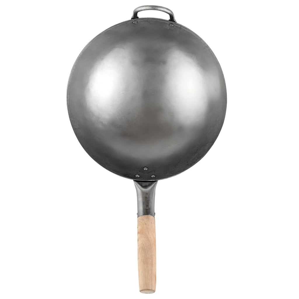 Motomori 12" Carbon Steel Round Bottom Wok / Stir Fry Pan - Hand Hammered, with Wooden Handle - 1 count box