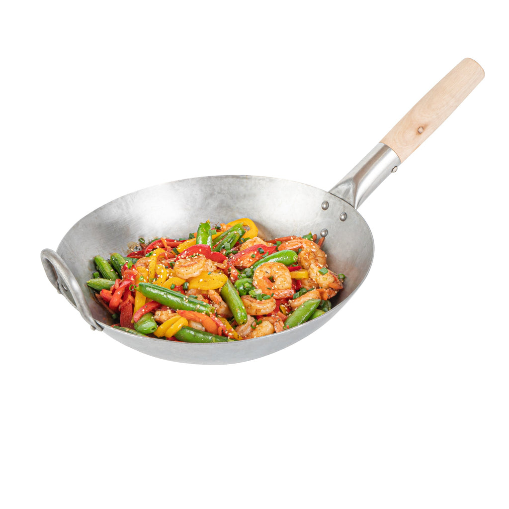 Motomori 12" Carbon Steel Round Bottom Wok / Stir Fry Pan - Hand Hammered, with Wooden Handle - 10 count box