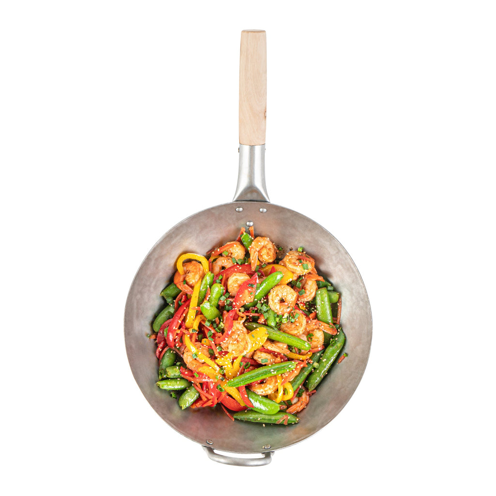 Motomori 12" Carbon Steel Round Bottom Wok / Stir Fry Pan - Hand Hammered, with Wooden Handle - 10 count box
