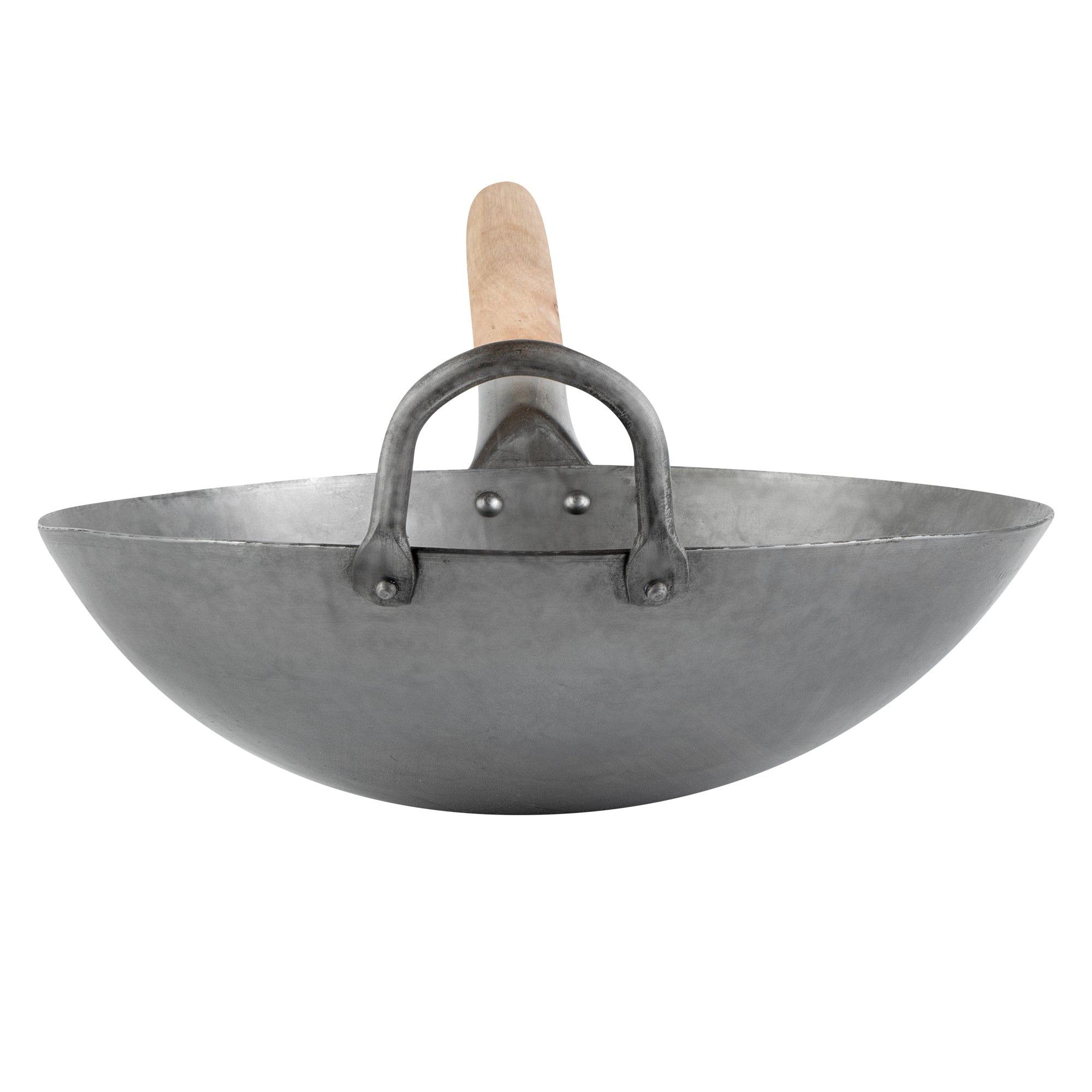 Motomori 12" Carbon Steel Round Bottom Wok / Stir Fry Pan - Hand Hammered, with Wooden Handle - 10 count box