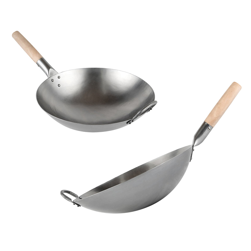Motomori 14" Carbon Steel Round Bottom Wok / Stir Fry Pan - Hand Hammered, with Wooden Handle - 1 count box