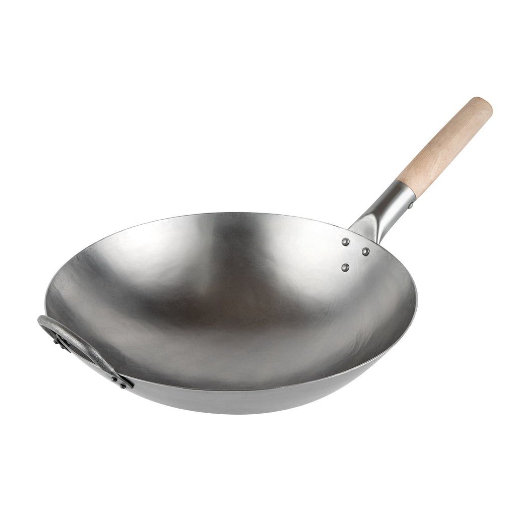 Motomori 14" Carbon Steel Round Bottom Wok / Stir Fry Pan - Hand Hammered, with Wooden Handle - 1 count box