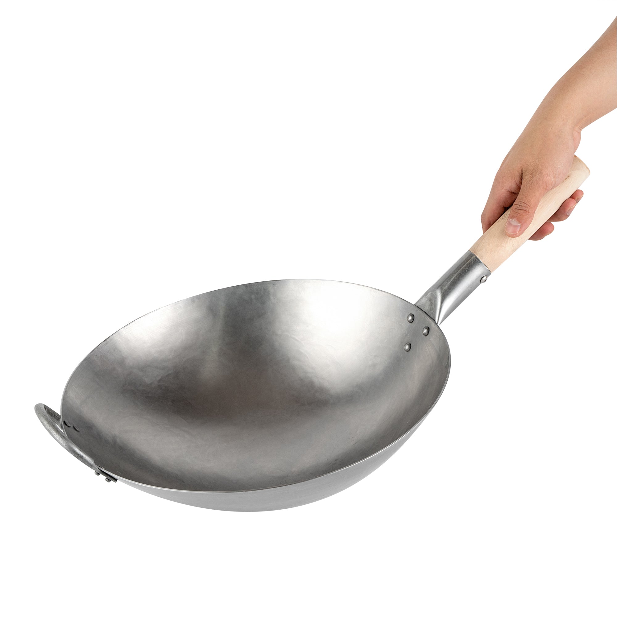 Motomori 14" Carbon Steel Round Bottom Wok / Stir Fry Pan - Hand Hammered, with Wooden Handle - 1 count box