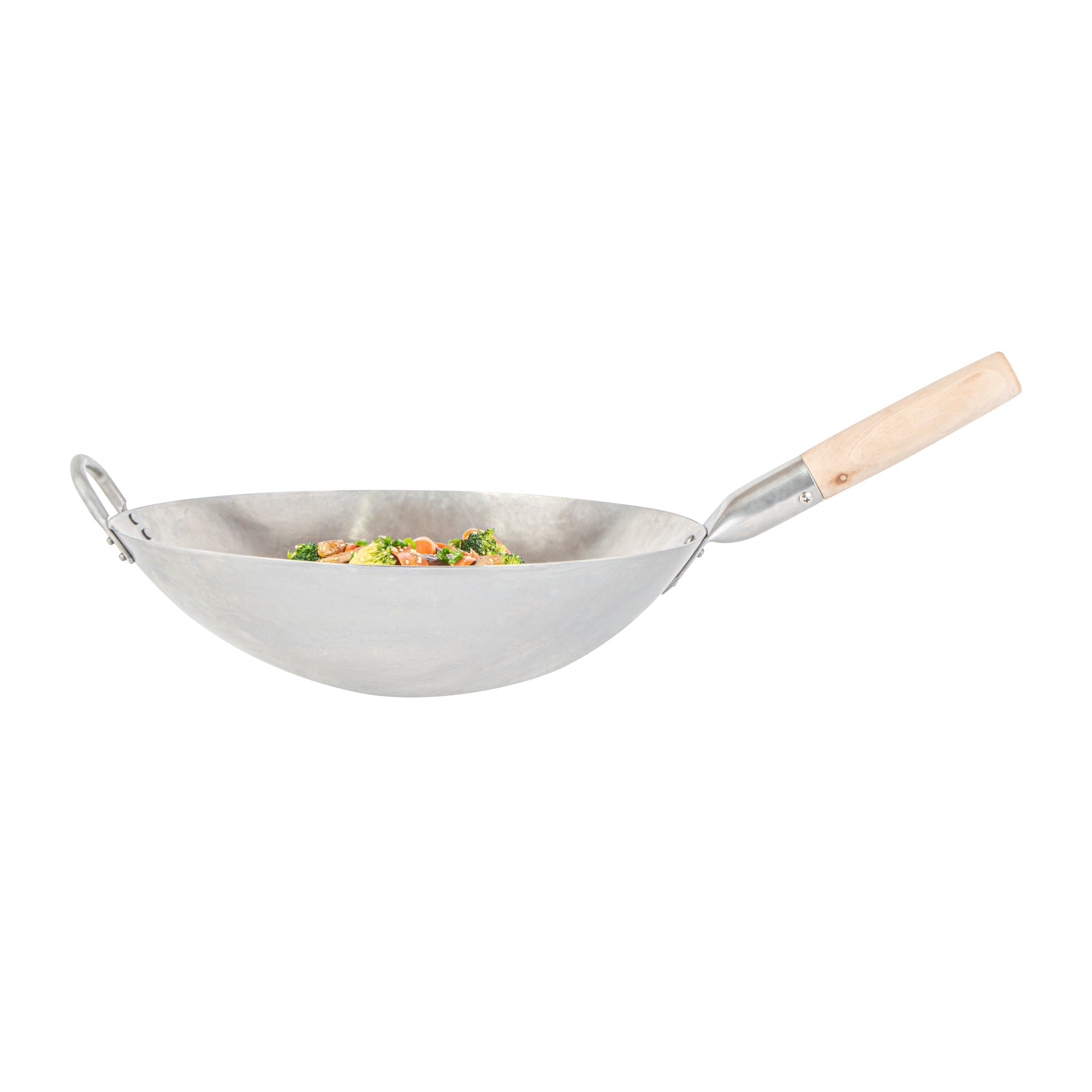 Motomori 14" Carbon Steel Round Bottom Wok / Stir Fry Pan - Hand Hammered, with Wooden Handle - 1 count box