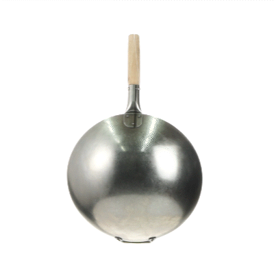 Motomori 14" Carbon Steel Round Bottom Wok / Stir Fry Pan - Hand Hammered, with Wooden Handle - 1 count box