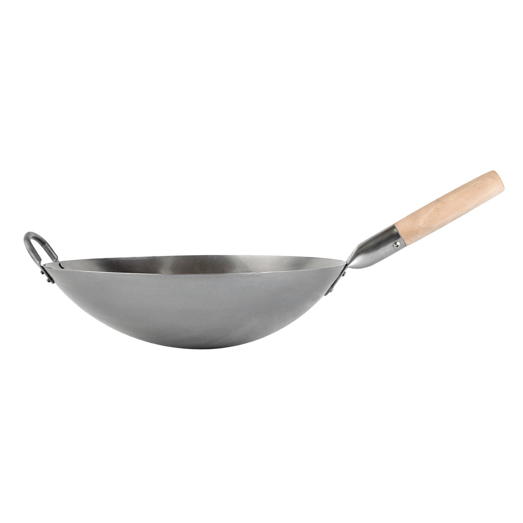 Motomori 14" Carbon Steel Round Bottom Wok / Stir Fry Pan - Hand Hammered, with Wooden Handle - 1 count box