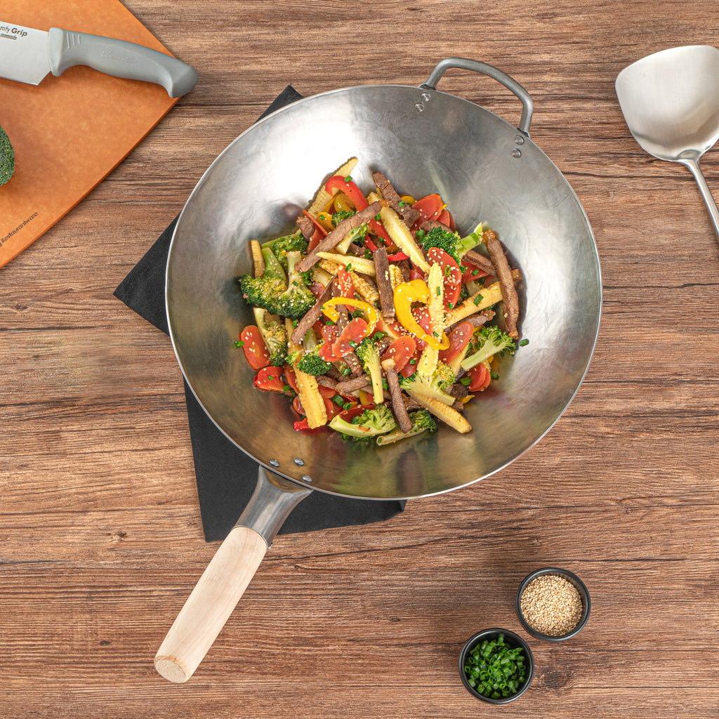 Motomori 14" Carbon Steel Round Bottom Wok / Stir Fry Pan - Hand Hammered, with Wooden Handle - 1 count box