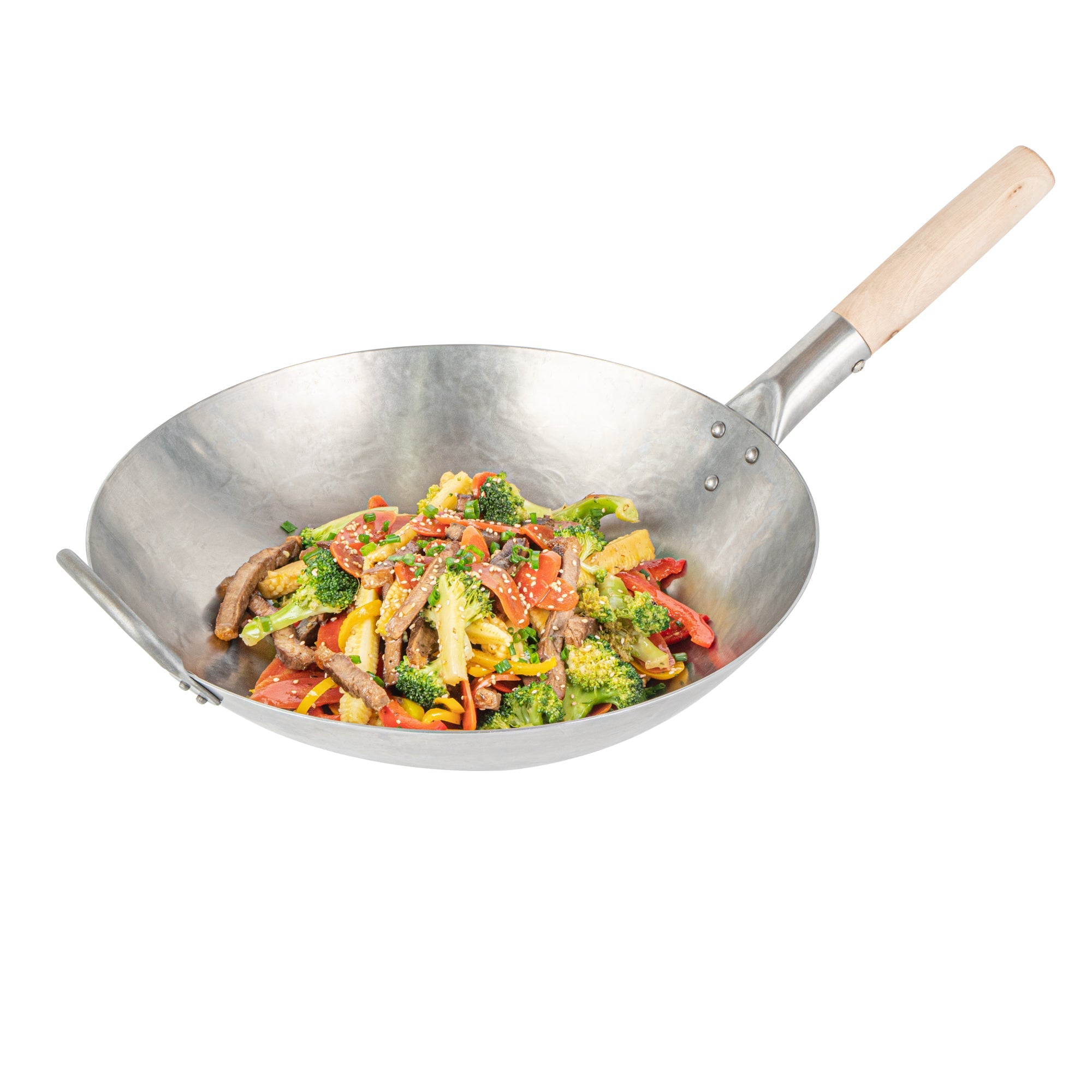 Motomori 14" Carbon Steel Round Bottom Wok / Stir Fry Pan - Hand Hammered, with Wooden Handle - 10 count box