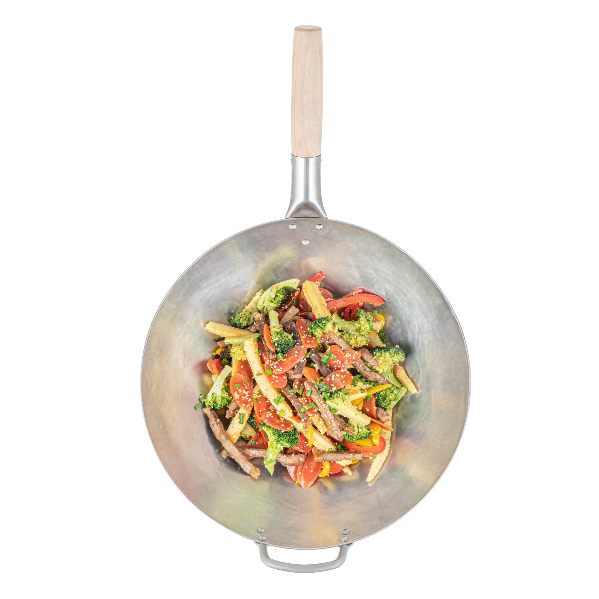 Motomori 14" Carbon Steel Round Bottom Wok / Stir Fry Pan - Hand Hammered, with Wooden Handle - 10 count box
