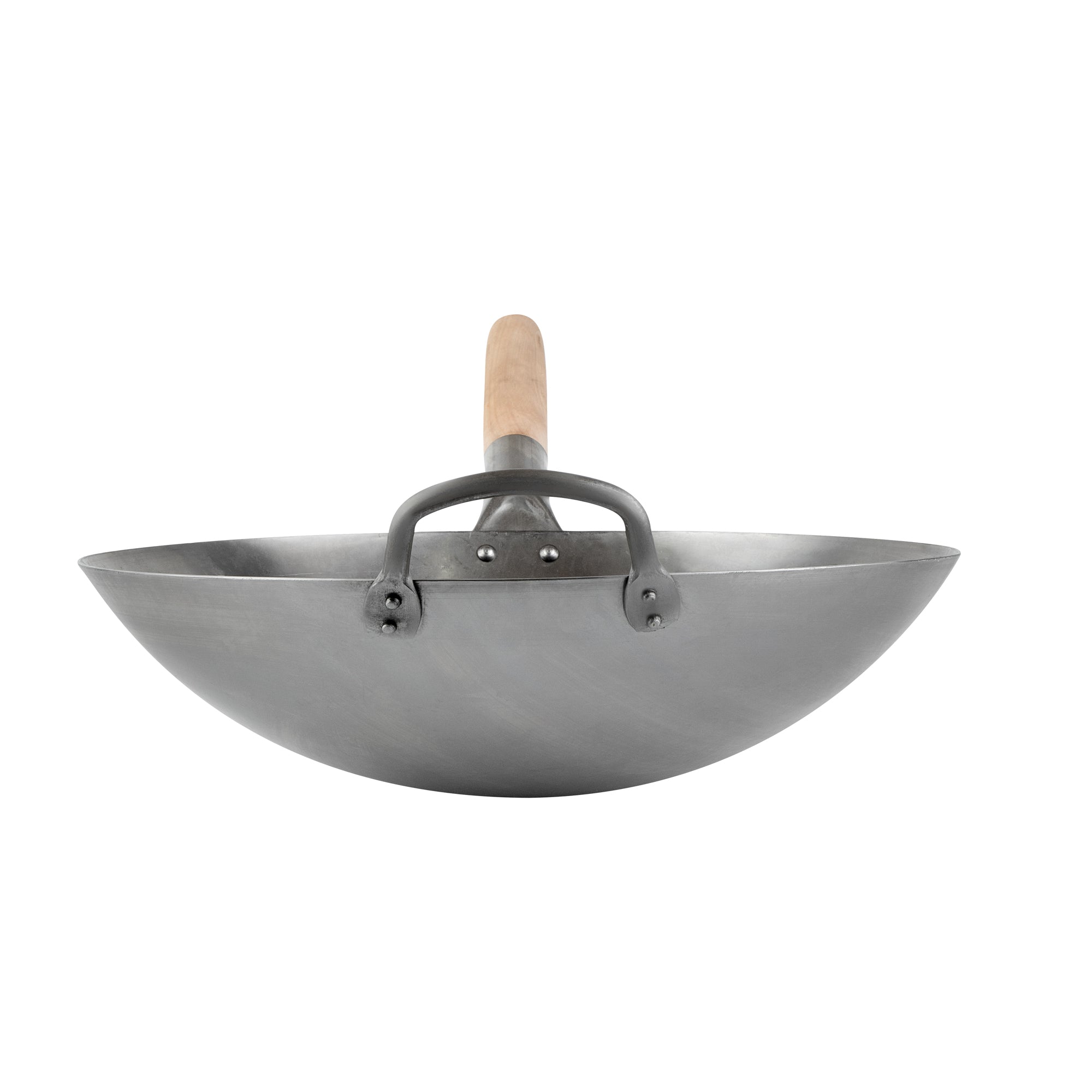 Motomori 14" Carbon Steel Round Bottom Wok / Stir Fry Pan - Hand Hammered, with Wooden Handle - 10 count box