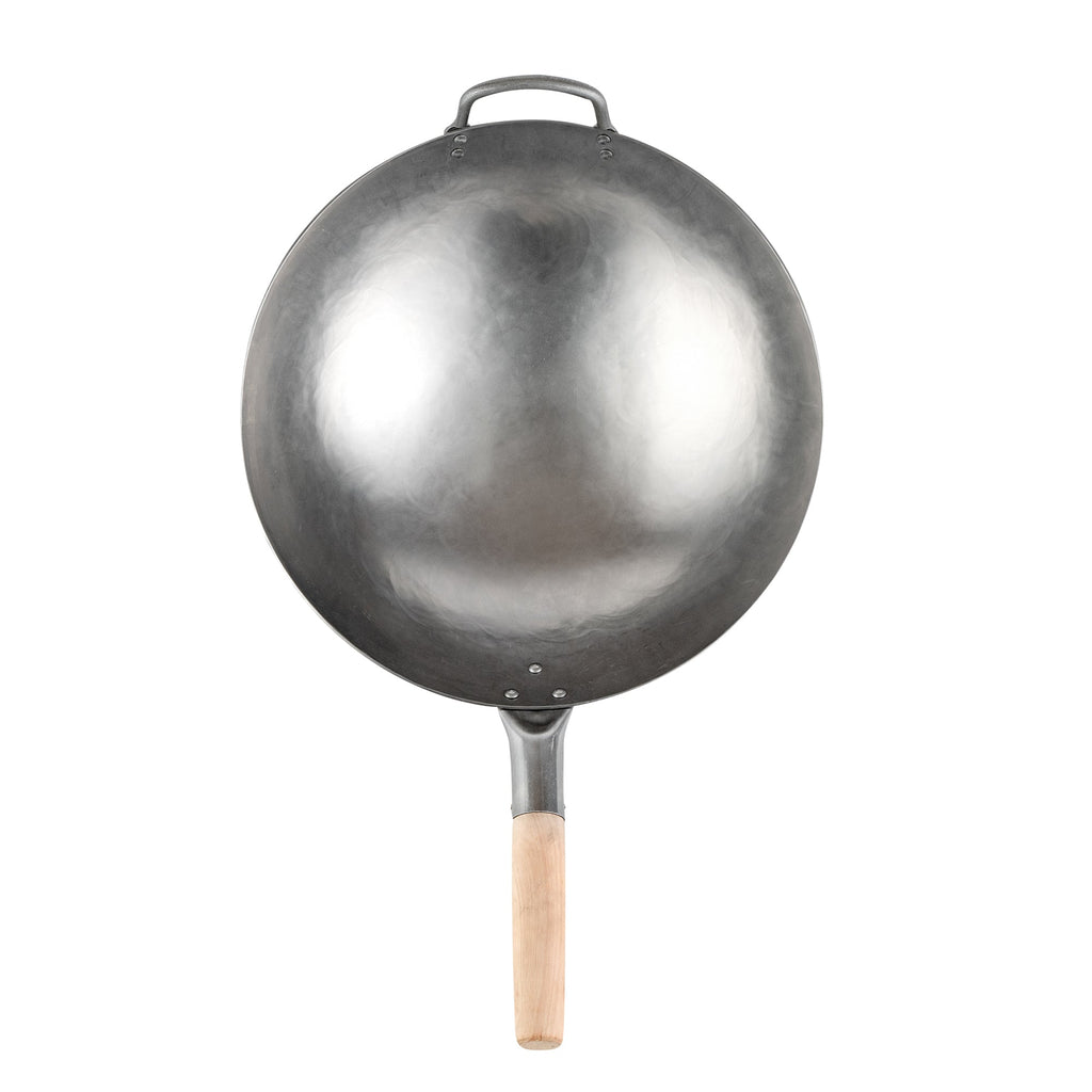 Motomori 14" Carbon Steel Round Bottom Wok / Stir Fry Pan - Hand Hammered, with Wooden Handle - 10 count box