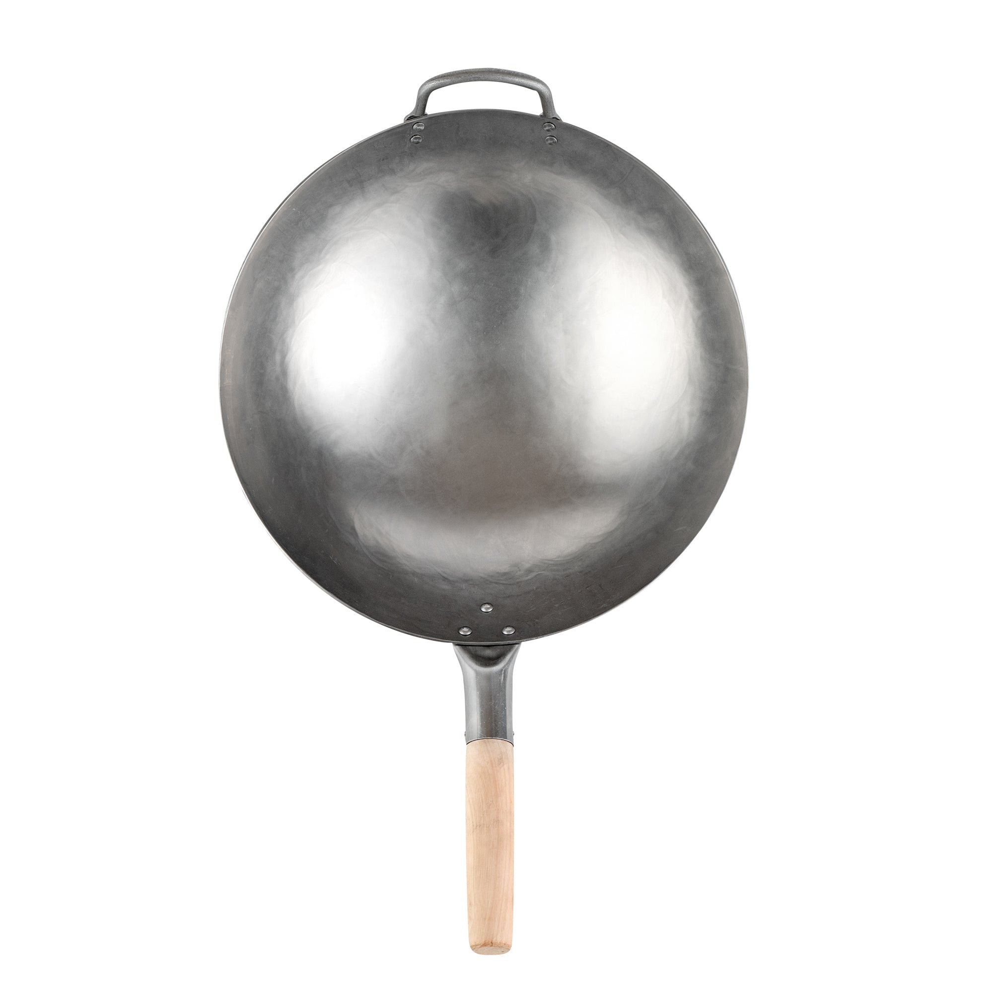 Motomori 14" Carbon Steel Round Bottom Wok / Stir Fry Pan - Hand Hammered, with Wooden Handle - 10 count box