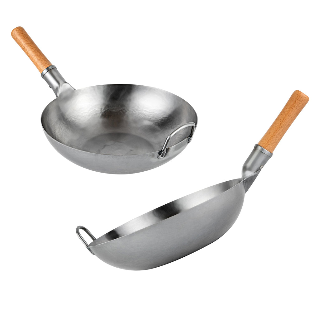 Motomori 13 1/2" Carbon Steel Flat Bottom Wok / Stir Fry Pan - Hand Hammered, with Wooden Handle - 1 count box