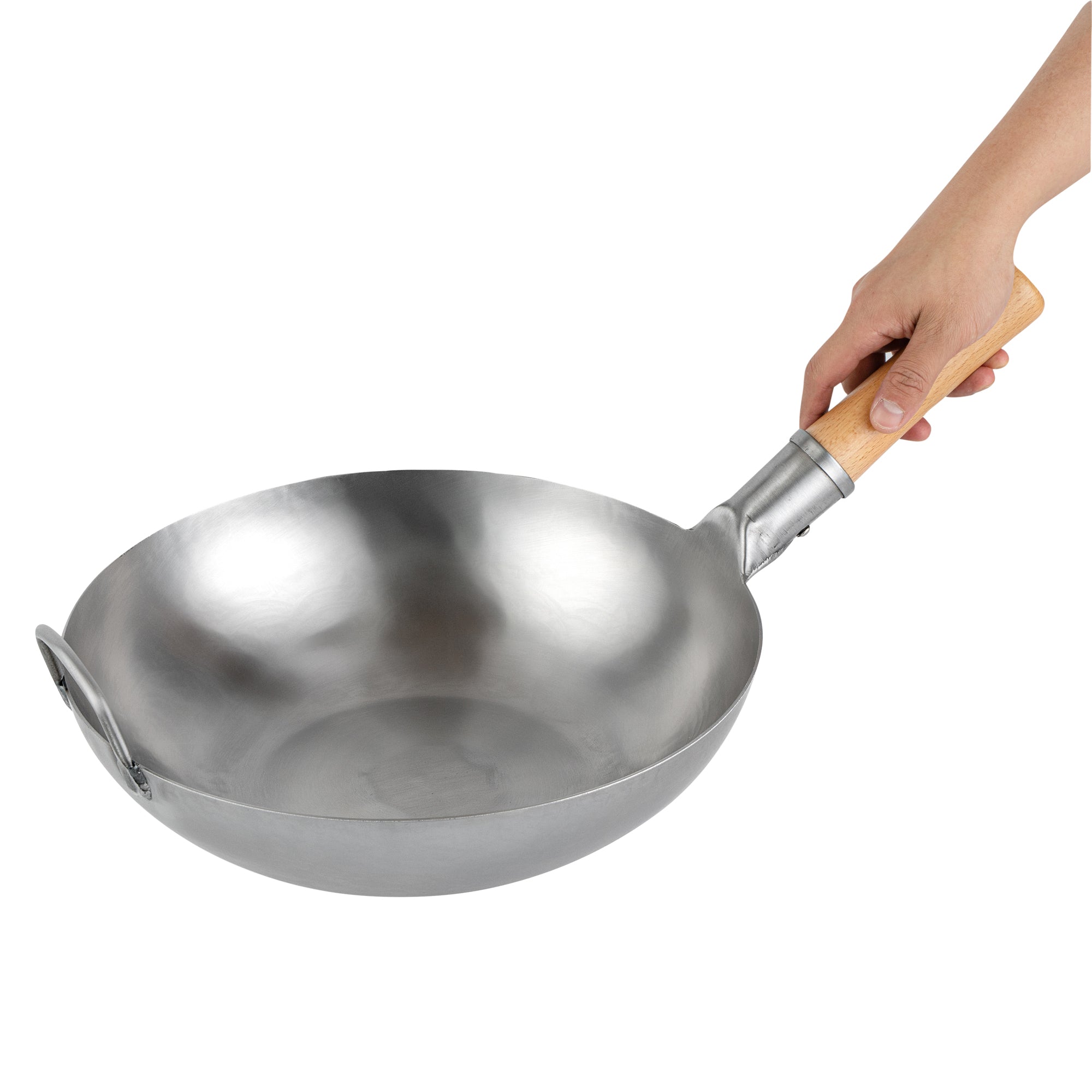 Motomori 13 1/2" Carbon Steel Flat Bottom Wok / Stir Fry Pan - Hand Hammered, with Wooden Handle - 1 count box