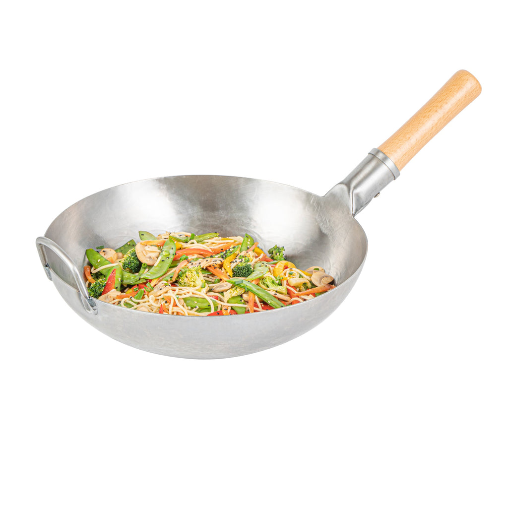 Motomori 13 1/2" Carbon Steel Flat Bottom Wok / Stir Fry Pan - Hand Hammered, with Wooden Handle - 1 count box