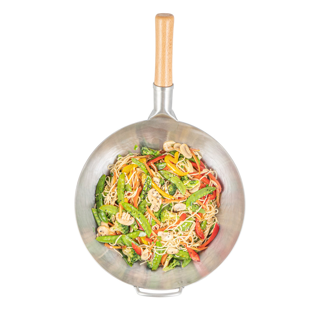 Motomori 13 1/2" Carbon Steel Flat Bottom Wok / Stir Fry Pan - Hand Hammered, with Wooden Handle - 1 count box
