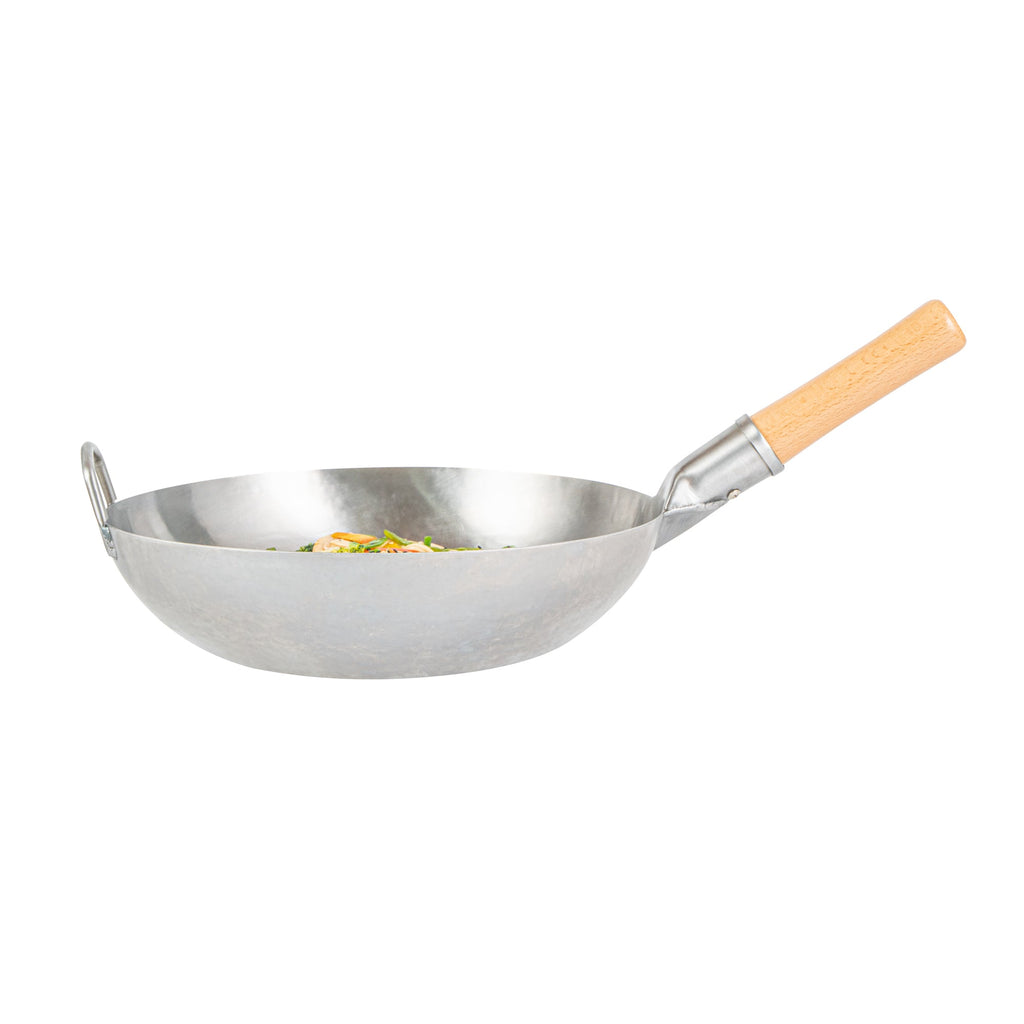 Motomori 13 1/2" Carbon Steel Flat Bottom Wok / Stir Fry Pan - Hand Hammered, with Wooden Handle - 1 count box